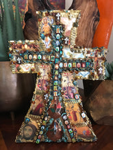 Load image into Gallery viewer, Catholic Mosaic Art Standing Cross Saints Gold Amber Aqua Beads