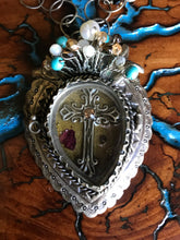 Load image into Gallery viewer, Artisan Jewelry Barbosa Relicario Reliquary Locket Pendant Sacred Heart Cross Crown German Silver Pearl Swarovski Crystal Circle Chain Link Necklace Swarovski Crystal Amber