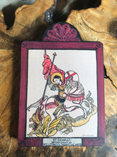 Load image into Gallery viewer, Folk Art Retablo Saint George Soldiers Archers Calvary Chivalry Farmers Field Workers Riders Saddlers Plague Military Martial Arts Dragon Legend Garlick