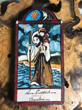 Load image into Gallery viewer, Folk Art Retablo Saint Christopher San Cristobal Travelers Drivers Transportation Workers Water Perils Garlick