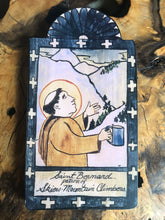 Load image into Gallery viewer, Folk Art Retablo Saint Bernard of Montjoux Skiers Mountain Climbers Garlick