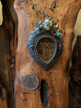 Load image into Gallery viewer, Artisan Jewelry Barbosa Relicario Reliquary Locket Pendant Sacred Heart Cross Crown German Silver Pearl Swarovski Crystal Circle Chain Link Necklace Swarovski Crystal Amber