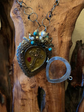 Load image into Gallery viewer, Artisan Jewelry Barbosa Relicario Reliquary Locket Pendant Sacred Heart Cross Crown German Silver Pearl Swarovski Crystal Circle Chain Link Necklace Swarovski Crystal Amber