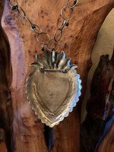 Load image into Gallery viewer, Artisan Jewelry Barbosa Relicario Reliquary Locket Pendant Sacred Heart Cross Crown German Silver Pearl Swarovski Crystal Circle Chain Link Necklace Swarovski Crystal Amber