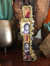 Load image into Gallery viewer, Catholic Mosaic Art Standing Cross Gold Gray Black White Beads
