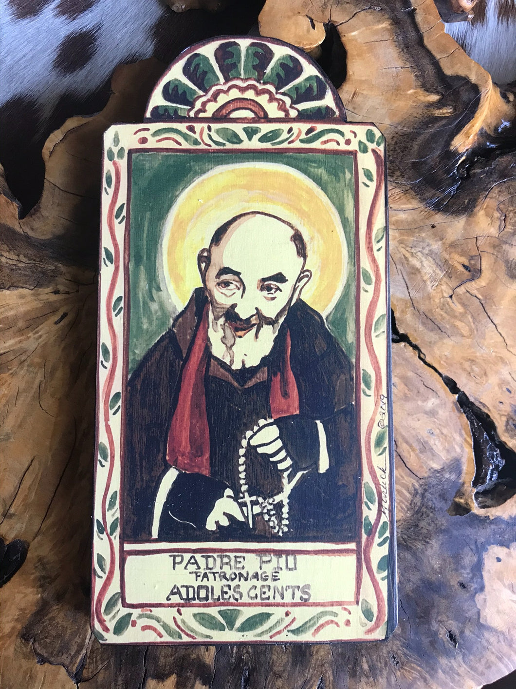 Folk Art Retablo Saint Padre Pio Civil Defense Volunteers Adolescents Stress Relief Garlick
