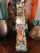 Load image into Gallery viewer, Catholic Mosaic Art Standing Cross Saints Gold Amber Aqua Beads
