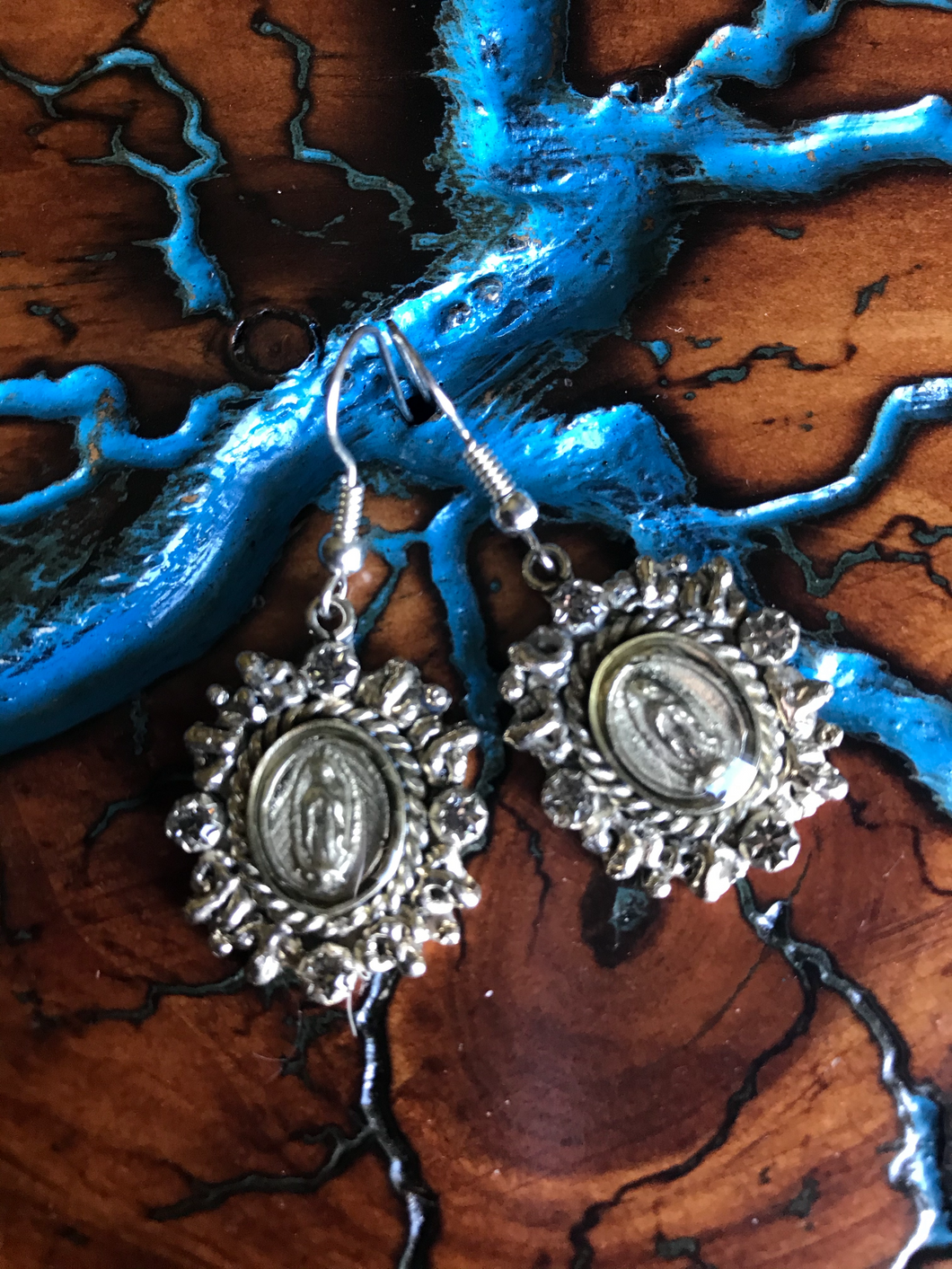 Artisan Jewelry Ala Blanca Our Lady of Guadalupe Earrings German Silver Swarovski Crystal