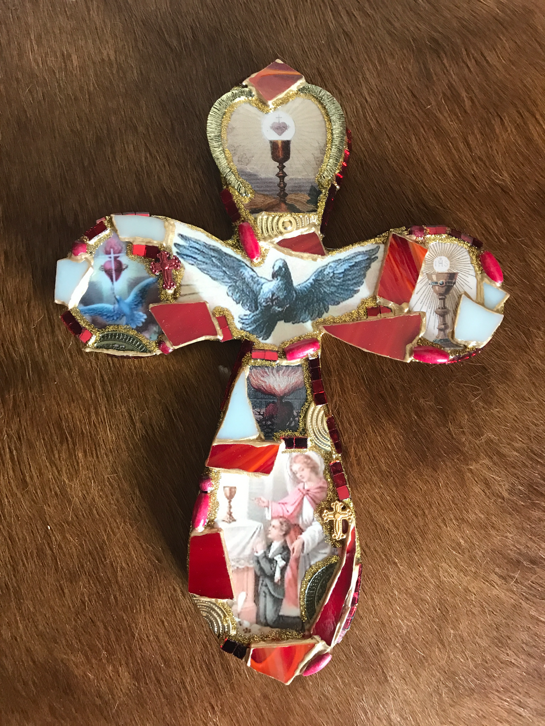 Catholic Mosaic Art Cross Holy Communion Holy Spirit Small Red Beadeed