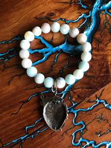 Artisan Jewelry Amazonite Natural Stone Stretch Bracelet Immaculate Heart of Mary Bronze Holy Medal Charm