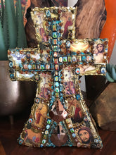 Load image into Gallery viewer, Catholic Mosaic Art Standing Cross Saints Gold Amber Aqua Beads
