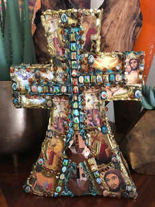 Catholic Mosaic Art Standing Cross Saints Gold Amber Aqua Beads