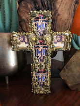 Load image into Gallery viewer, Catholic Mosaic Art Standing Cross Gold Gray Black White Beads
