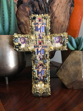 Load image into Gallery viewer, Catholic Mosaic Art Standing Cross Gold Gray Black White Beads
