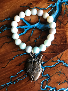 Artisan Jewelry Amazonite Natural Stone Stretch Bracelet Immaculate Heart of Mary Bronze Holy Medal Charm