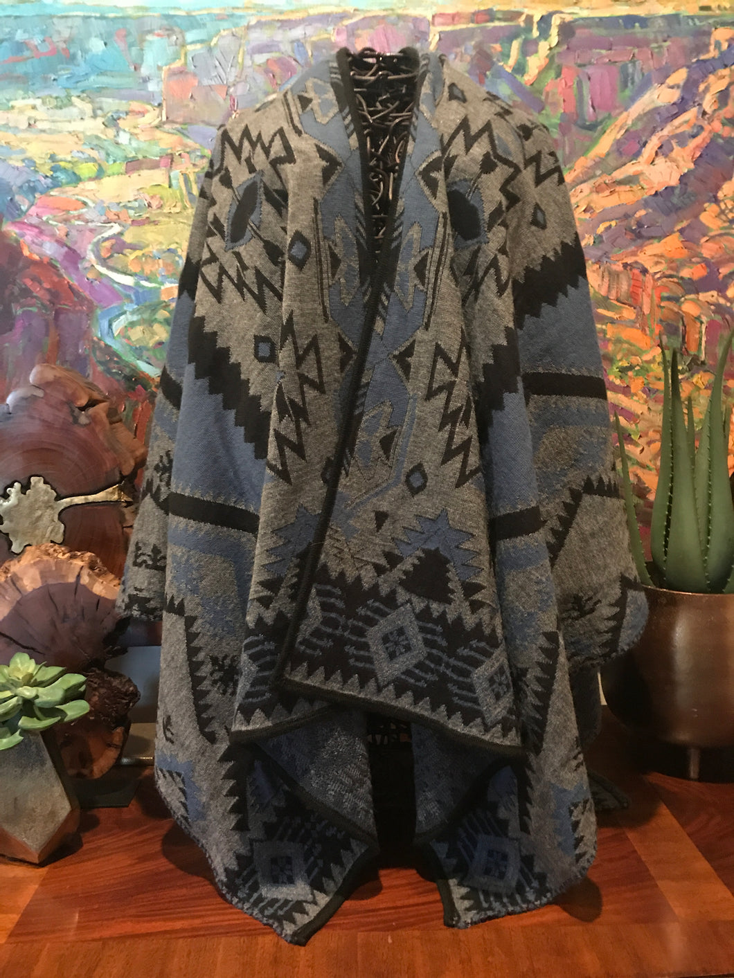 Artisan Caamano Alpaca Shawl Peru Southwestern Blue Gray Black