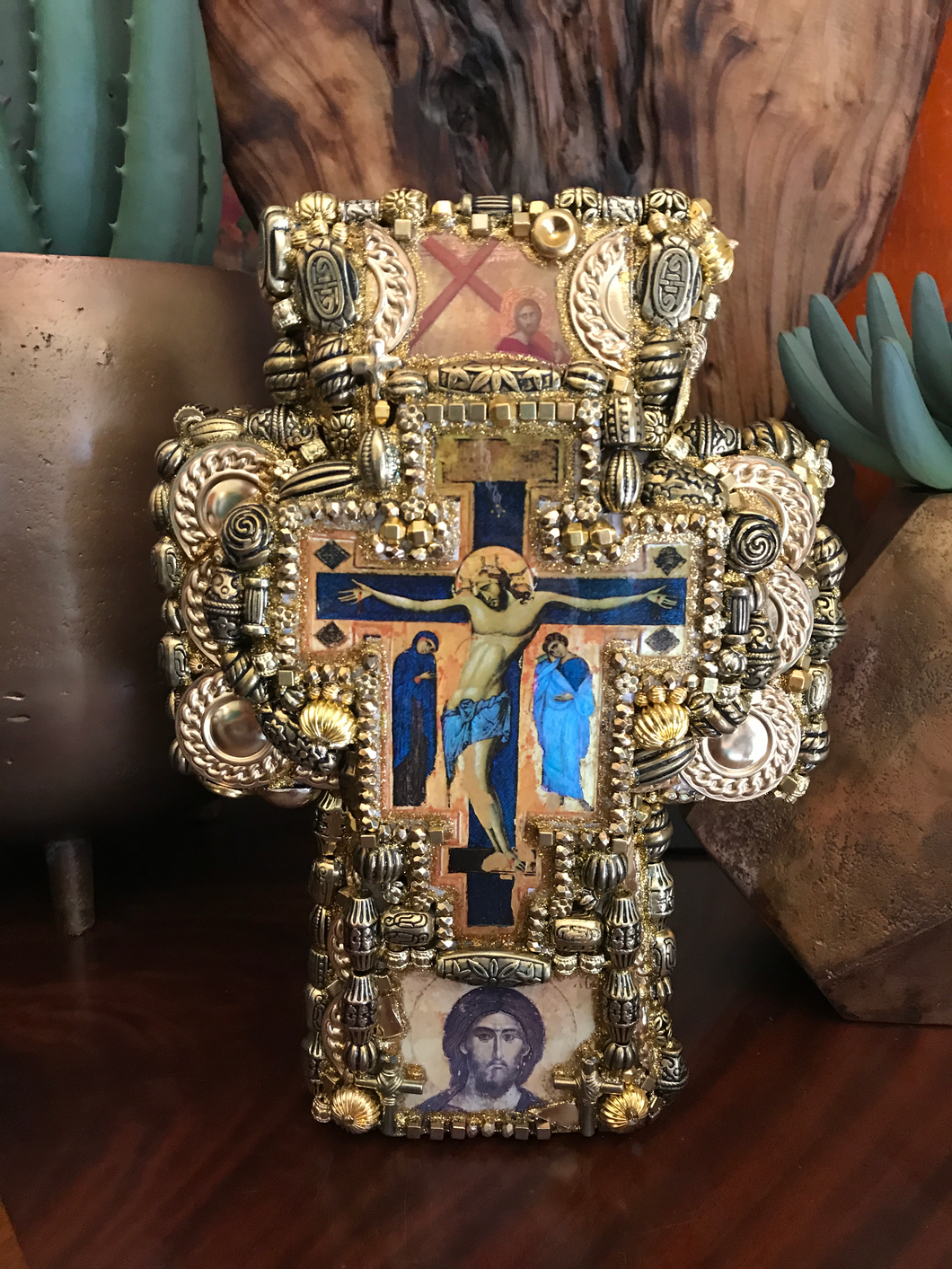 Catholic Mosaic Art Standing Cross Icons Gold