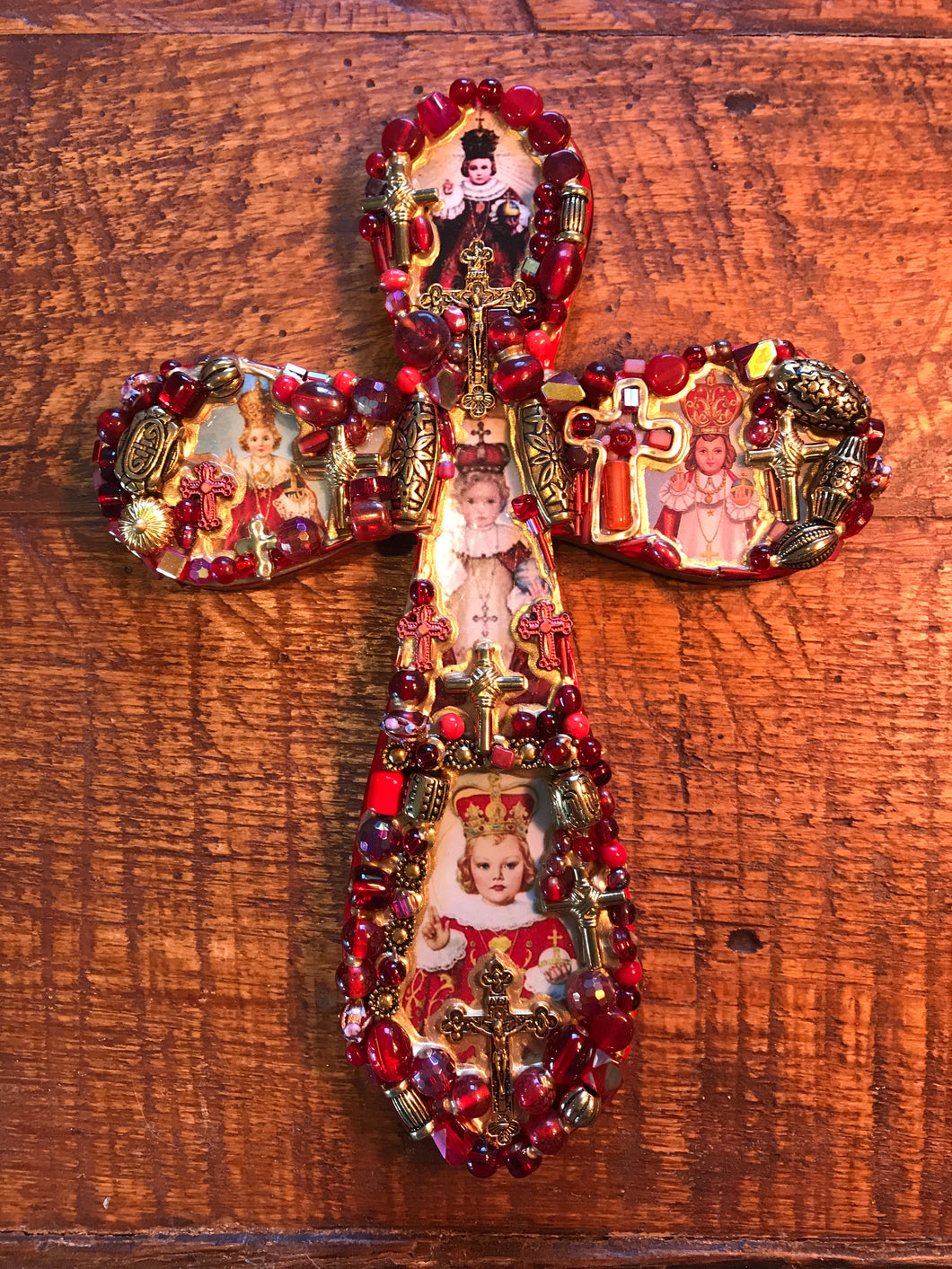 Catholic Mosaic Art Cross Infant of Prague Small Red Beaded