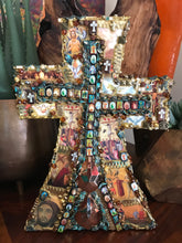 Load image into Gallery viewer, Catholic Mosaic Art Standing Cross Saints Gold Amber Aqua Beads
