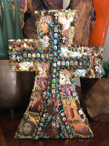 Catholic Mosaic Art Standing Cross Saints Gold Amber Aqua Beads