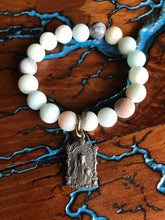 Load image into Gallery viewer, Artisan Jewelry Amazonite Natural Stone Stretch Bracelet Christ the King Our Lady of Mount Carmel Bronze Holy Medal Charm
