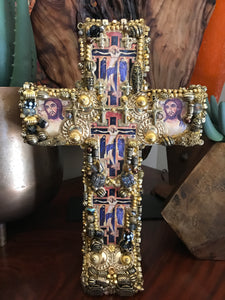 Catholic Mosaic Art Standing Cross Gold Gray Black White Beads