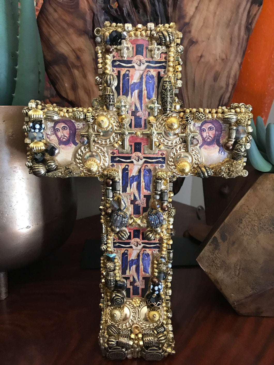 Catholic Mosaic Art Standing Cross Gold Gray Black White Beads
