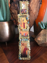 Load image into Gallery viewer, Catholic Mosaic Art Standing Cross Saints Gold Amber Aqua Beads
