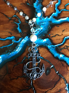 Artisan Jewelry Silver Anchor Charm White Pearl Clear Crystal Necklace