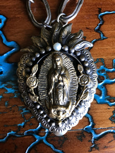 Artisan Jewelry Barbosa Relicario Pendant Our Lady of Guadalupe Brass German Silver Pearl Chain Link Necklace Oval Swarovski Crystal Clear