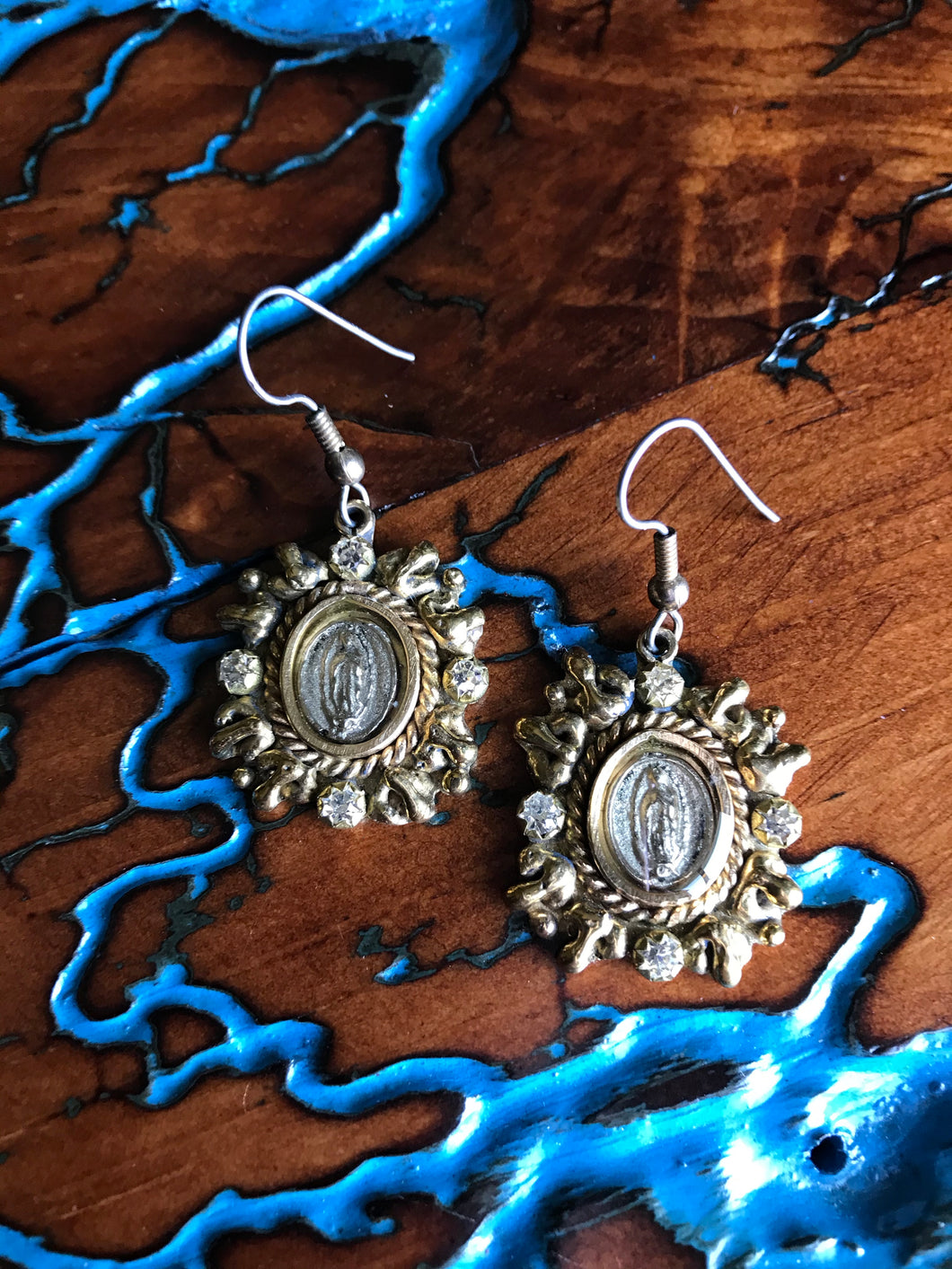 Artisan Jewelry Ala Blanca Our Lady of Guadalupe Medal Earrings German Silver Tombaga