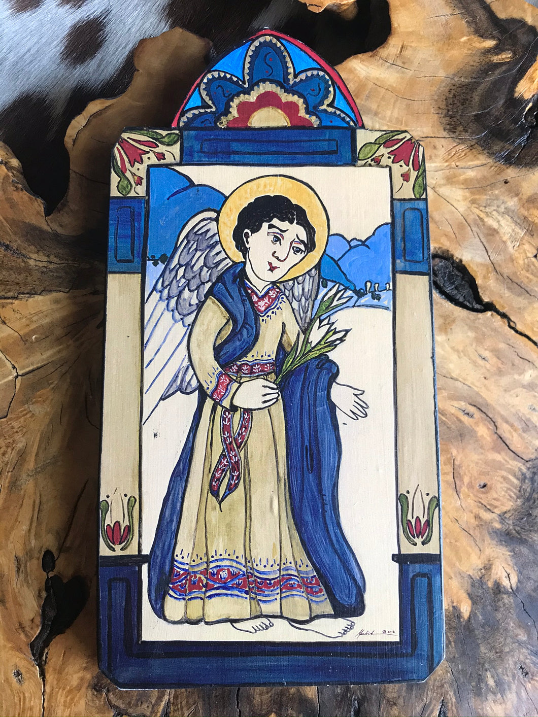 Folk Art Retablo Archangel Gabriel Childbirth Communications Postal Worker Garlick