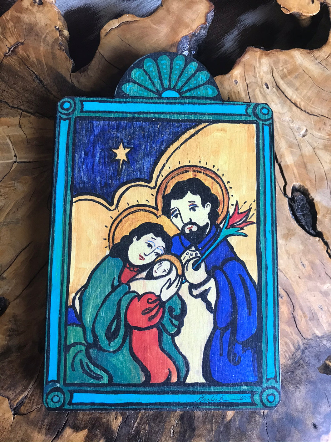 Folk Art Retablo Holy Family Holy Night New Mexican Christmas Feliz Navidad Nativity Jesus Mary Joseph Garlick