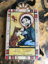 Load image into Gallery viewer, Folk Art Retablo Saint Roch San Roque Dogs Dog Owners Knee Problems Surgeons Invalids Bachelors Plague Rashes Skin Diseases Contagious Diseases Pestilence and Epidemics Garlick
