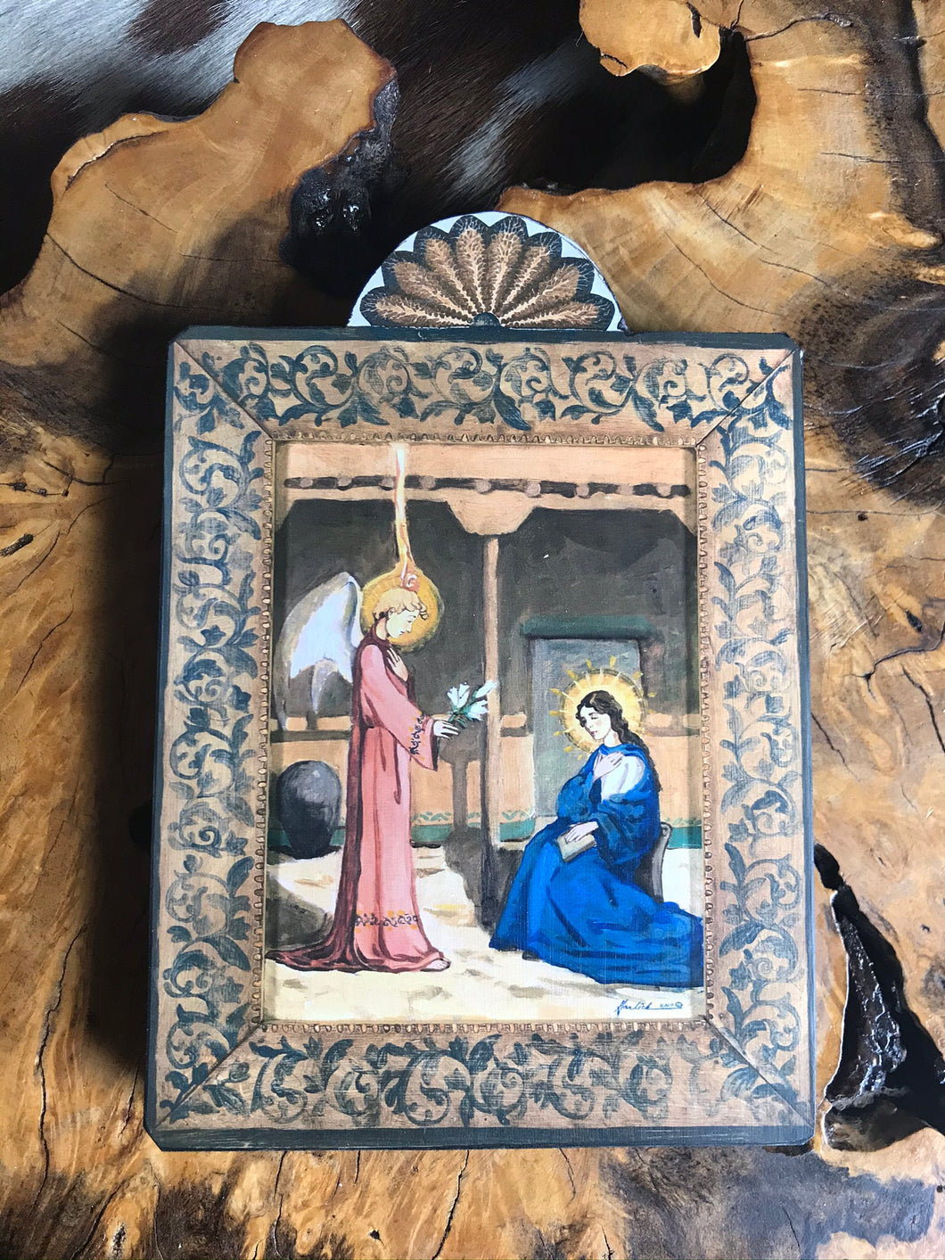 Folk Art Retablo Annunciation Blessed Virgin Mary Archangel Gabriel Fiat Garlick