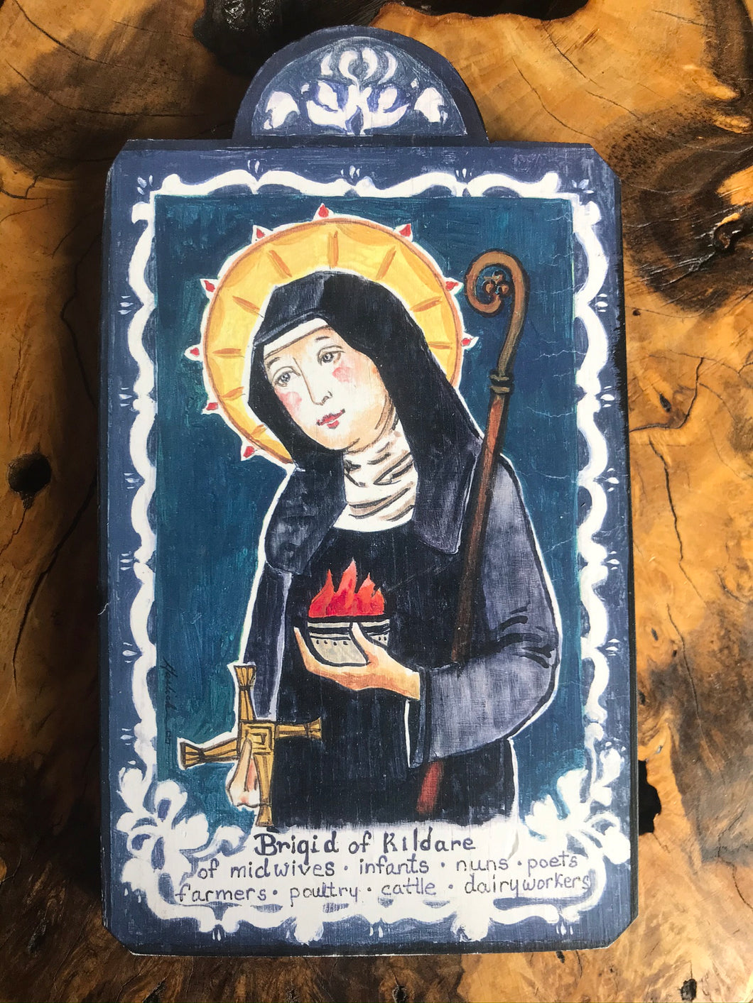 Folk Art Retablo Saint Brigid of Kildare Midwives Infants Nuns Poets Farmers Poultry Cattle Dairy Workers Garlick