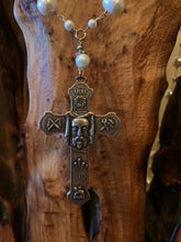 Load image into Gallery viewer, Artisan Jewelry French Lourdes Silver Sacred Heart Cross Flowers Freshwater Pearl Necklace
