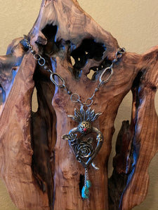 Artisan Jewelry Barbosa German Silver Brass Semi-Precious Stones Turquoise Coral Immaculate Heart of Mary Pendant Flower Rose Branch