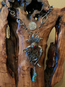 Artisan Jewelry Barbosa German Silver Brass Semi-Precious Stones Turquoise Coral Immaculate Heart of Mary Pendant Flower Rose Branch
