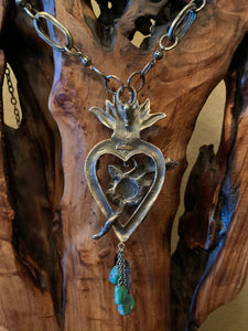 Artisan Jewelry Barbosa German Silver Brass Semi-Precious Stones Turquoise Coral Immaculate Heart of Mary Pendant Flower Rose Branch