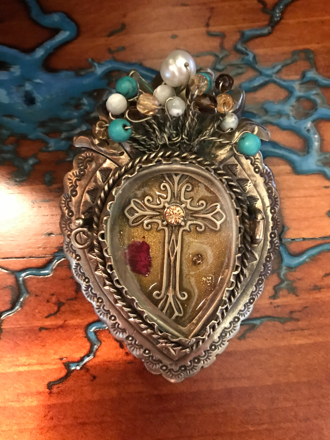 Artisan Jewelry Barbosa Relicario Reliquary Locket Pendant Sacred Heart Cross Crown German Silver Pearl Swarovski Crystal Circle Chain Link Necklace Swarovski Crystal Amber