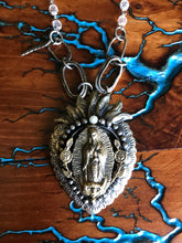 Load image into Gallery viewer, Artisan Jewelry Barbosa Relicario Pendant Our Lady of Guadalupe Brass German Silver Pearl Chain Link Necklace Oval Swarovski Crystal Clear
