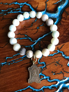 Artisan Jewelry Amazonite Natural Stone Stretch Bracelet St. Therese of Lisieux Bronze Holy Medal Charm