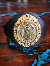 Load image into Gallery viewer, Artisan Jewelry Barbosa Relicario Bracelet Leather Our Lady of Guadalupe Brass Oval Swarovski Crystal Clear
