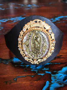 Artisan Jewelry Barbosa Relicario Bracelet Leather Our Lady of Guadalupe Brass Oval Swarovski Crystal Clear