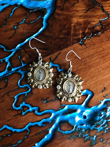 Artisan Jewelry Ala Blanca Our Lady of Guadalupe Medal Earrings German Silver Tombaga