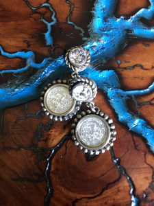 Artisan Jewelry Ala Blanca St. Benedict Cross Medal Earrings German Silver Swarovski Crystal