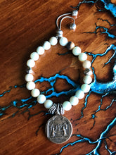 Load image into Gallery viewer, Artisan Jewelry Amazonite Natural Stone Stretch Bracelet Agnus Dei Lamb of God Bronze Holy Medal Charm
