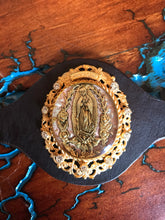 Load image into Gallery viewer, Artisan Jewelry Barbosa Relicario Bracelet Leather Our Lady of Guadalupe Brass Oval Swarovski Crystal Clear
