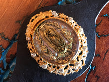 Load image into Gallery viewer, Artisan Jewelry Barbosa Relicario Bracelet Leather Our Lady of Guadalupe Brass Oval Swarovski Crystal Clear
